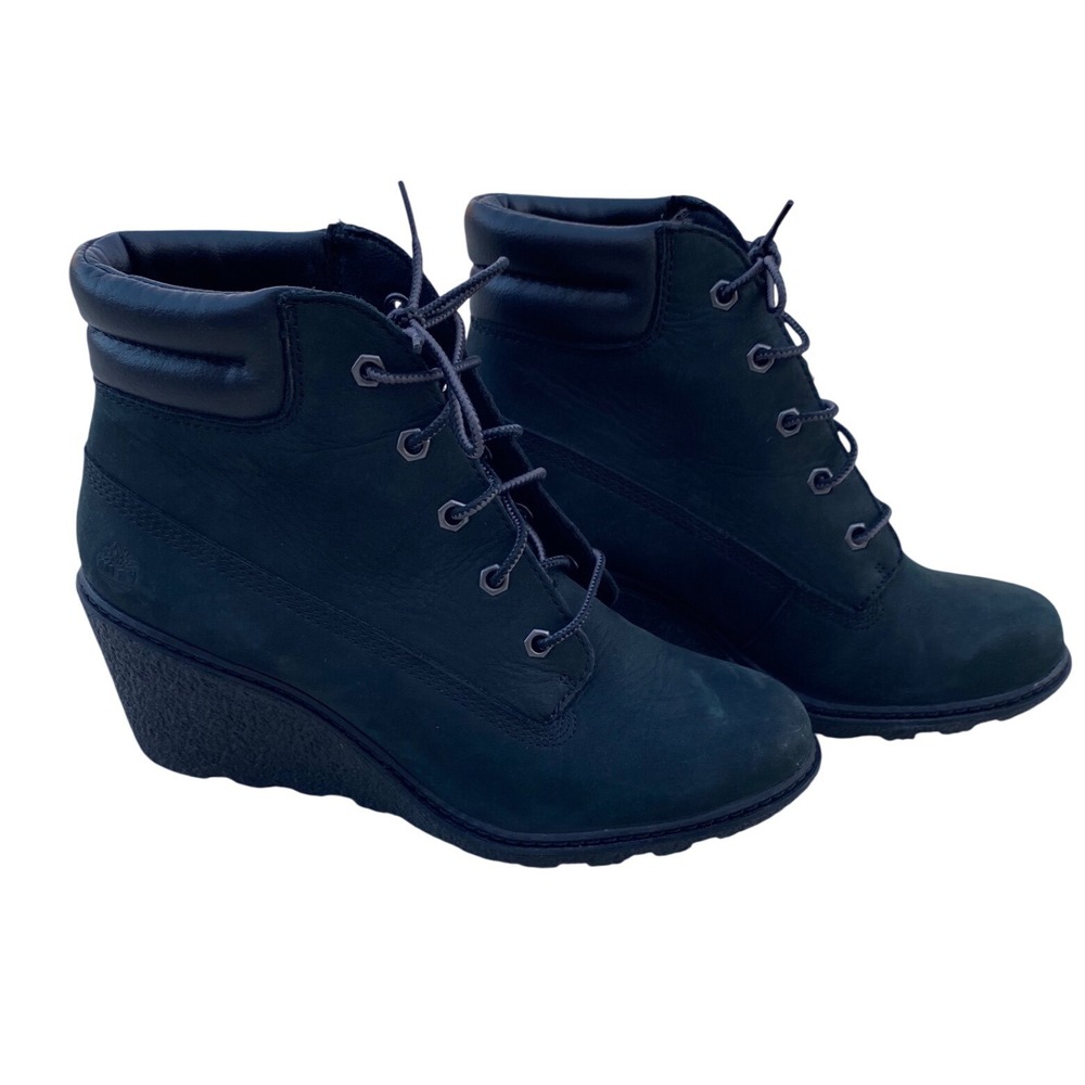 Timberland Amston 6 Inch Wedge Boots Black Leather Lace Up Womens 7.5 8253A‎